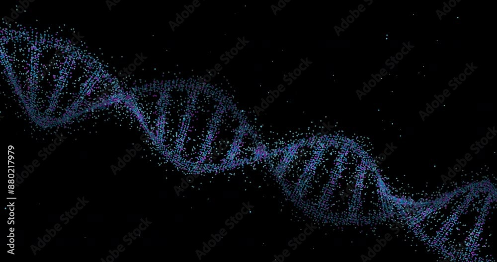 Dna, pattern and spiral science molecule in studio for medical research for healthcare. Virus, particles and digital abstract atom for genetic cells development structure by black background.