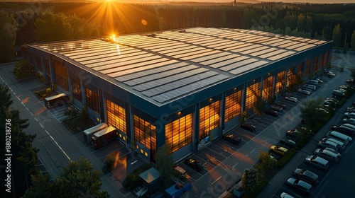 Wallpaper Mural Modern Industrial Warehouse with Solar Panels at Sunset - Generative AI Torontodigital.ca