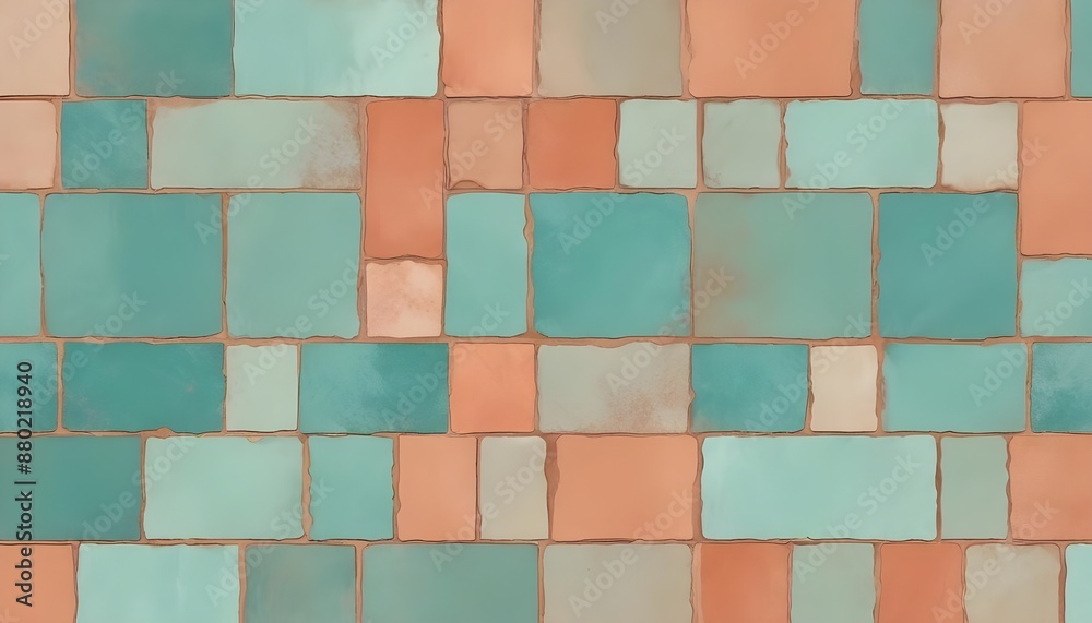 A close-up image of a tiled wall with irregular shapes, painted in a watercolor style with shades of teal, peach, and white A close-up image of a tiled wall with irregular shapes, painted in a watercolor style with shades of teal, peach, and white