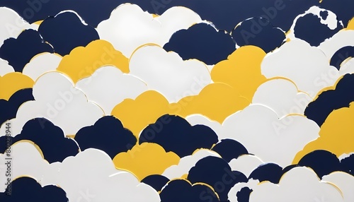 An abstract painting of layered, overlapping clouds in shades of white, yellow, and navy blue