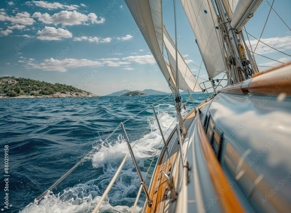 Fototapeta premium Sailing yacht with white sails cruising in the open sea