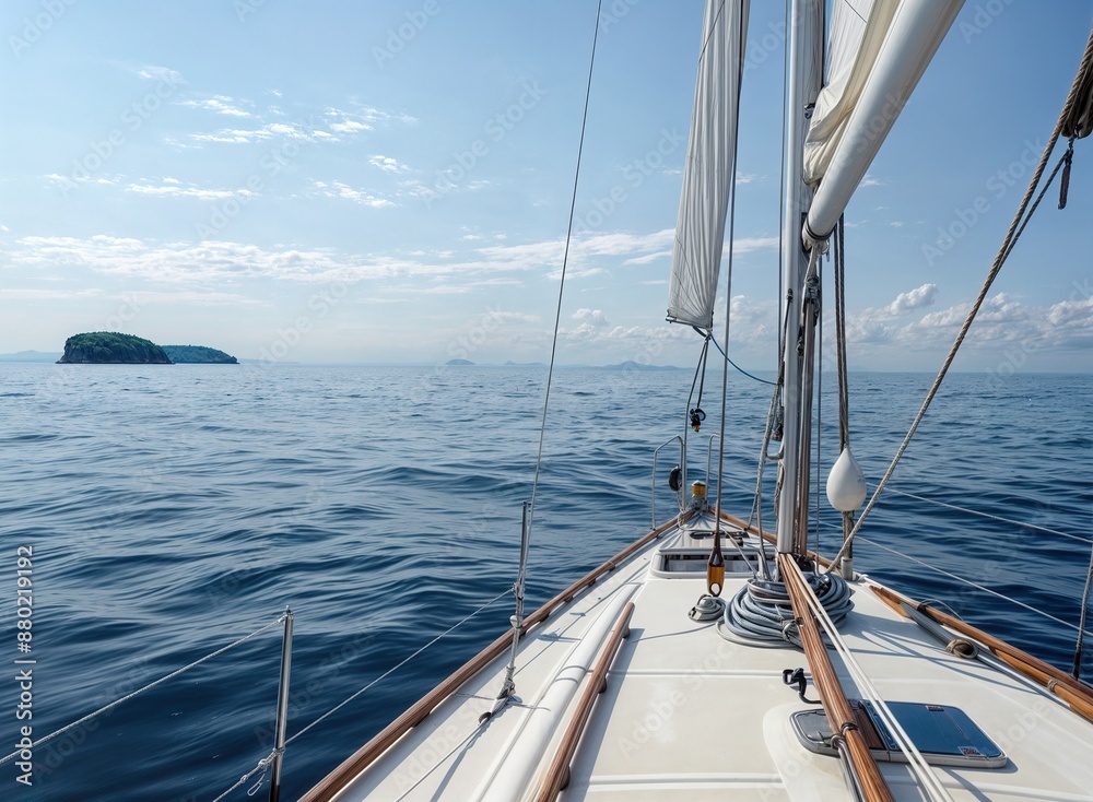 Sailing yacht with white sails in the serene sea with distant island Sailing yacht with white sails in the serene sea with distant island