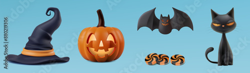 Halloween pumpkin, witch hat, cute black cat, sweet candy, flying bat. 3d vector render poster elements. Vampire magician party invite sticker. Happy scary character for fall gift. Horror realistic