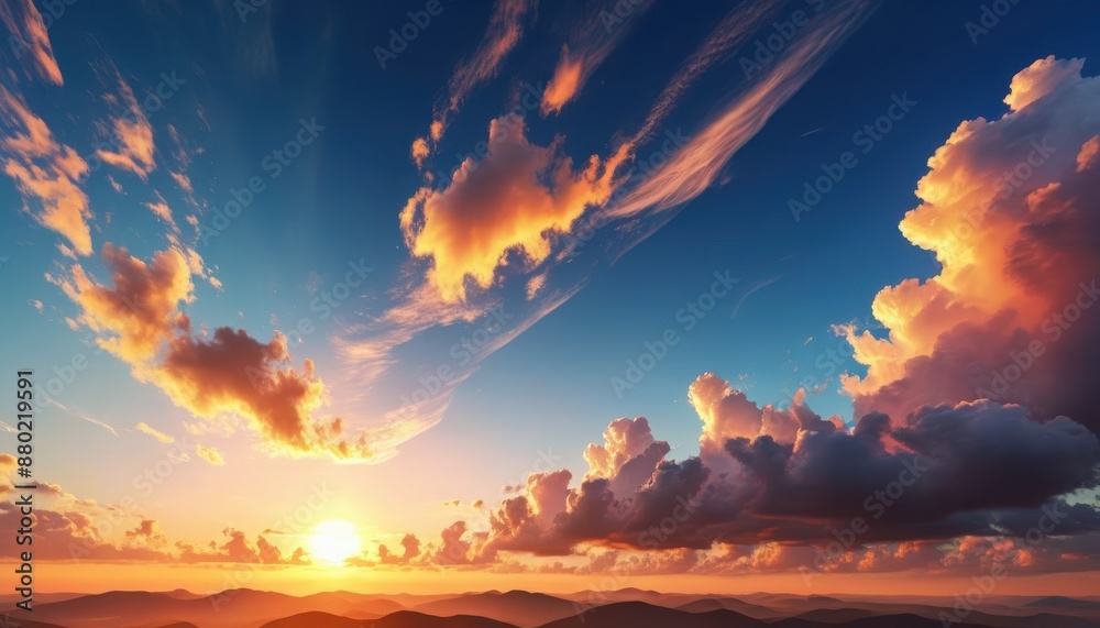 Naklejka premium Dramatic Sunset Over Mountains with Colorful Clouds.