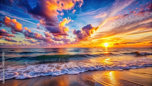 Serene ocean sunset with gentle waves and vibrant sky, ocean, sunset, waves, vibrant, sky, tranquil, peaceful, relaxation