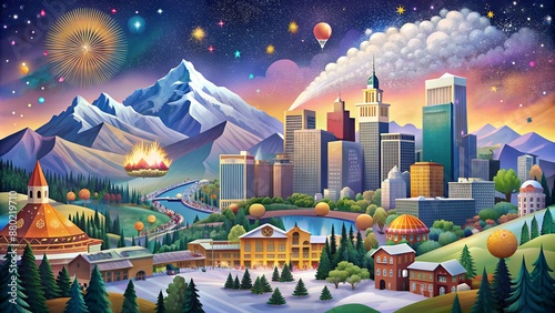 Snowy Mountain Cityscape with Fireworks and Hot Air Balloons photo