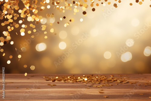 Wooden Table with Warm Yellow Bokeh Lights, Cozy Home Decor Setting with Ambient Lighting