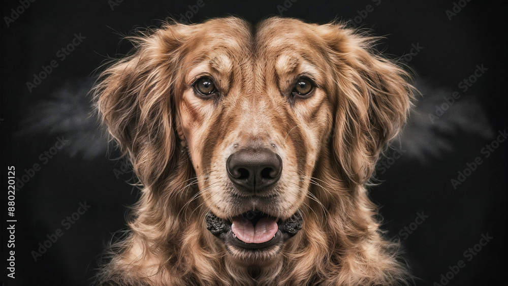 A close-up of a golden retriever's face. The dog appears to have a black nose and mouth. Dark background. A close-up of a golden retriever's face. The dog appears to have a black nose and mouth. Dark background.