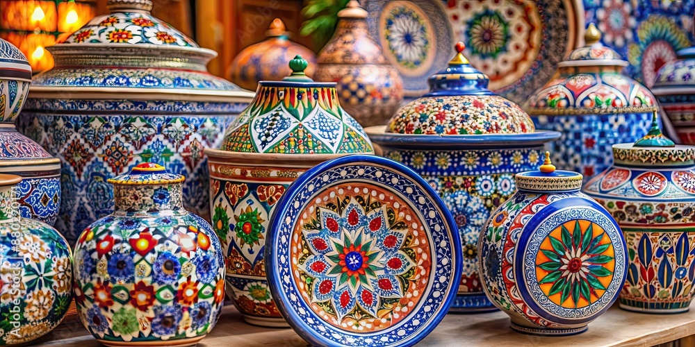 Fototapeta premium Traditional Dubai bazar pottery with intricate folklore designs , Dubai, bazar, folklore, styled, pottery