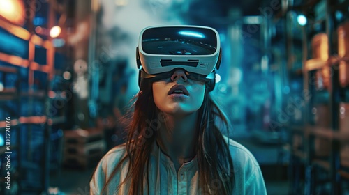 A woman wearing a virtual reality headset is looking at the camera