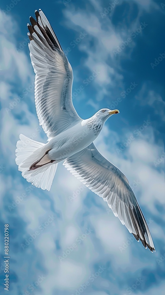 Fototapeta premium Occasionally, it meets other seagulls, joining them in a brief ballet of wings and air before continuing on its solitary path.