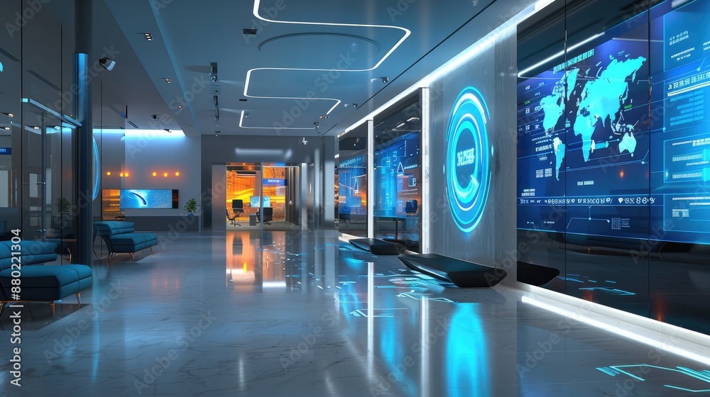 A high-tech office lobby with interactive digital displays and dynamic lighting that changes throughout the day A high-tech office lobby with interactive digital displays and dynamic lighting that changes throughout the day