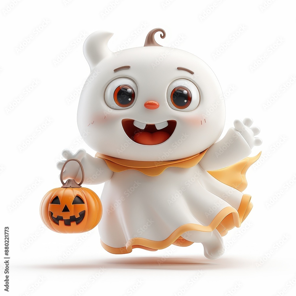 Fototapeta premium Cute animated ghost character dressed for Halloween holding a pumpkin lantern, ready for a spooky celebration.