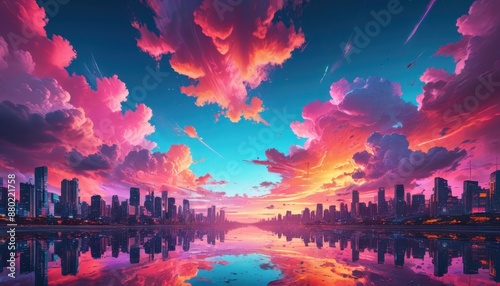 Cityscape Reflection with Pink Clouds.