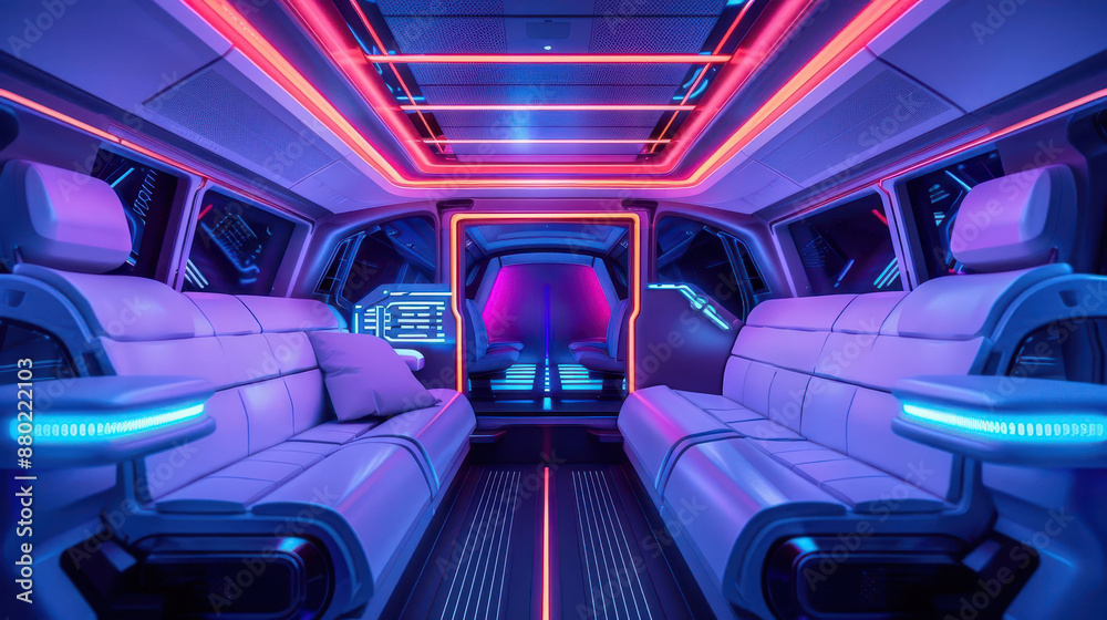 Fototapeta premium Pet-friendly autonomous vehicle with advanced travel features, cyberpunk, neon lighting