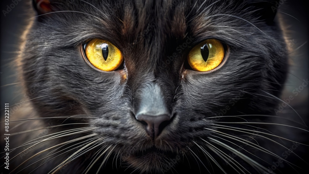 Mysterious black cat with piercing yellow eyes gazes directly at camera, showcasing whiskers and textured fur in high definition close-up. Mysterious black cat with piercing yellow eyes gazes directly at camera, showcasing whiskers and textured fur in high definition close-up.