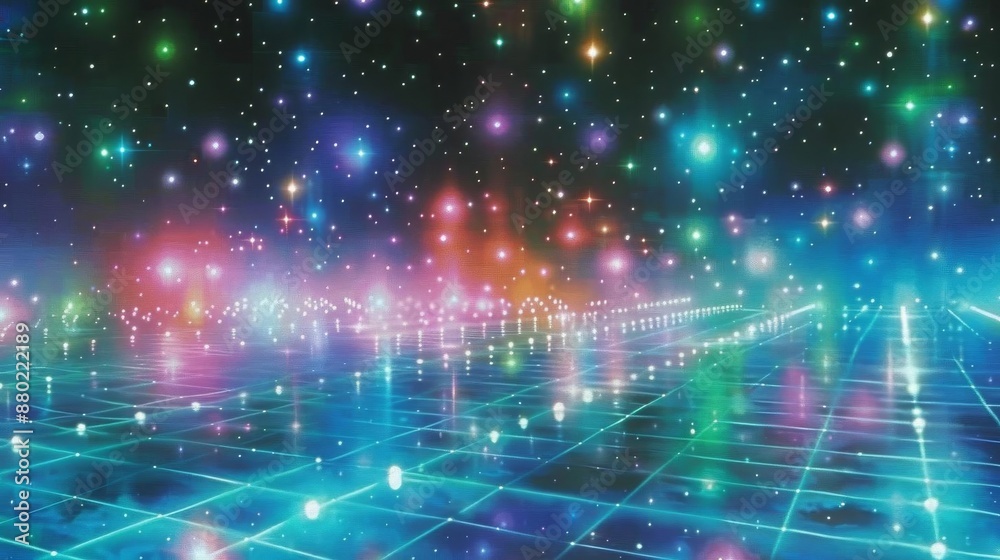 Fototapeta premium Abstract digital LED background featuring a grid pattern with blue and green dots connected by glowing lines