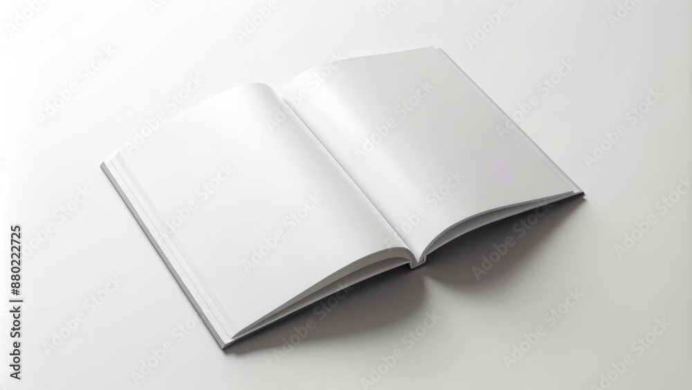 Empty open magazine mockup with clean white pages laid flat on a pure white background isolated from distractions. Empty open magazine mockup with clean white pages laid flat on a pure white background isolated from distractions.