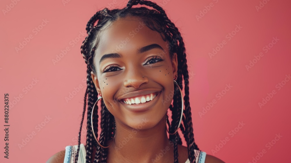 An African American woman with a warm smile and braided hair against a pink background. Her glowing skin and joyful expression emphasize her natural beauty. An African American woman with a warm smile and braided hair against a pink background. Her glowing skin and joyful expression emphasize her natural beauty.