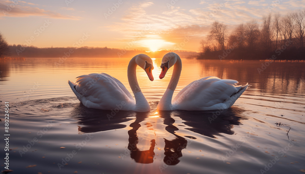 Fototapeta premium Two beautiful swans swimming on the lake