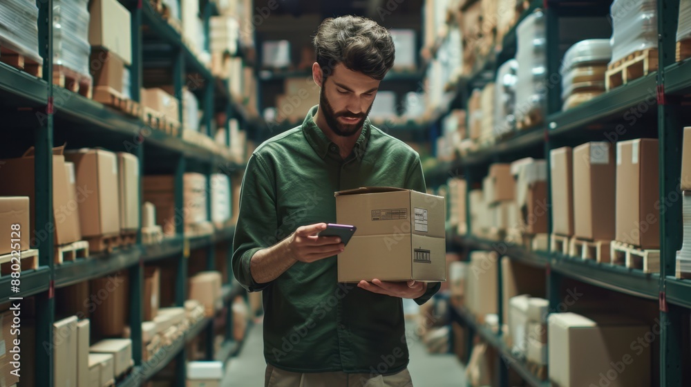 A warehouse worker checking package A warehouse worker checking package