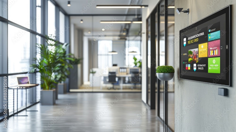 A modern officea??s community board with a digital display for employees to post announcements, events, and kudos A modern officea??s community board with a digital display for employees to post announcements, events, and kudos