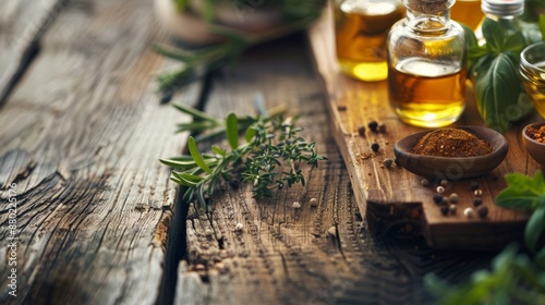 Photo of herbs, spices and oils on a wooden table