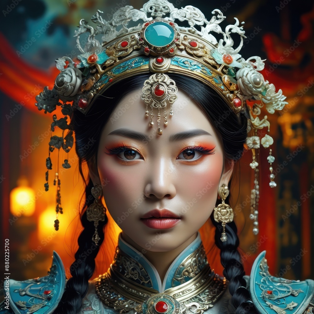 Portrait of a Chinese Woman in Traditional Dress with Ornate Headdress. Portrait of a Chinese Woman in Traditional Dress with Ornate Headdress.