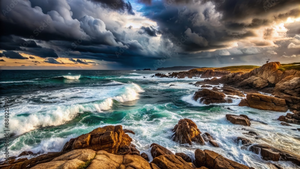 Obraz premium Dark ominous clouds gather over turbulent waves crashing against rocky shores as the stormy weather approaches the isolated coastline.