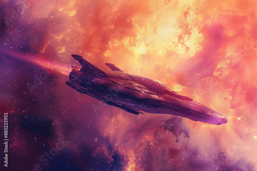 A spaceship flying through a nebula