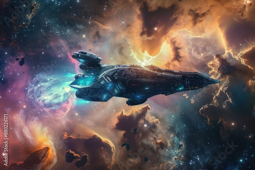 A spaceship flying through a nebula