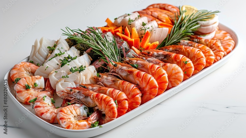 Stylish wedding seafood platter fresh seafood with elegant garnishes on white background Stylish wedding seafood platter fresh seafood with elegant garnishes on white background