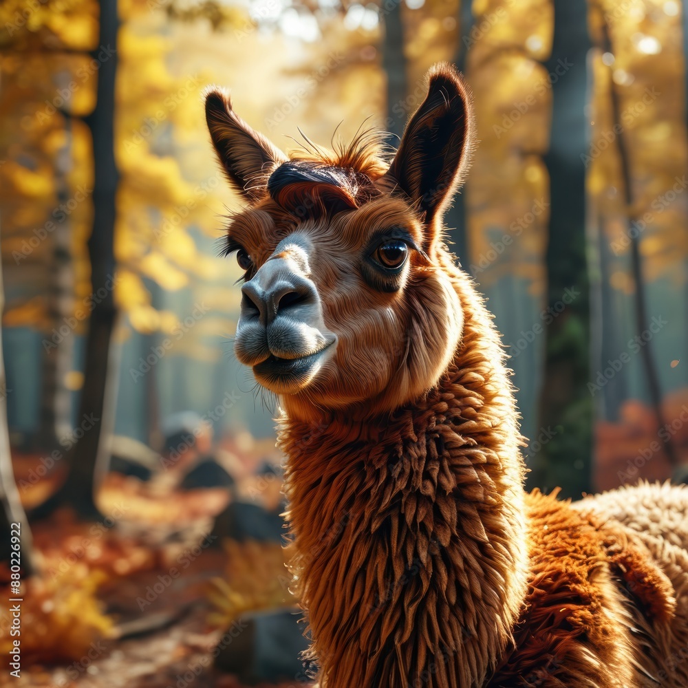 Fototapeta premium Cute Alpaca in Autumn Forest.