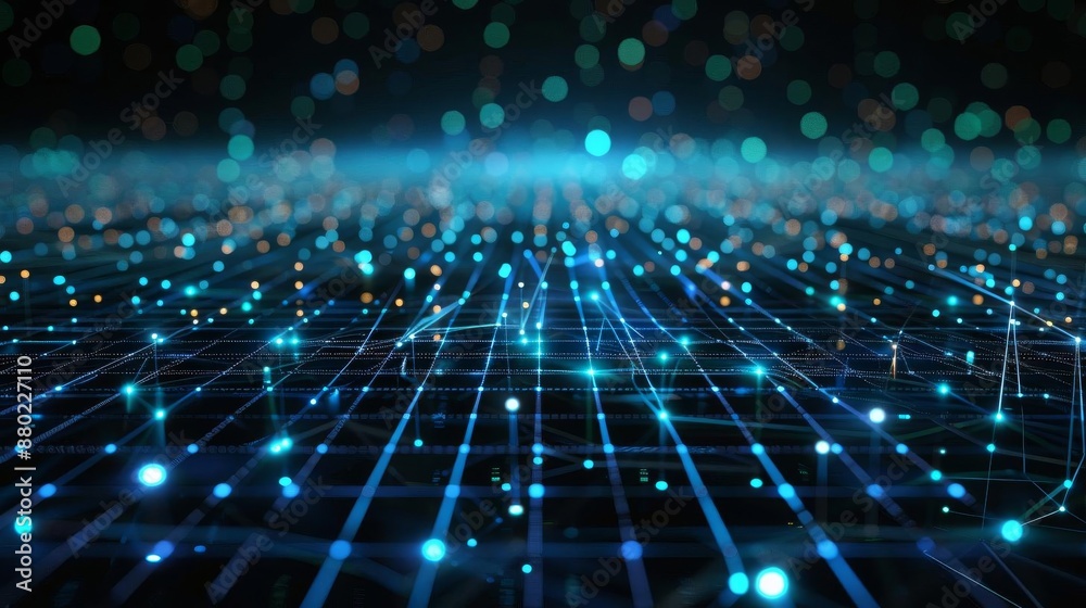 Hightech digital LED background showcasing a black and white grid pattern, with blue dots and green lines forming connections Hightech digital LED background showcasing a black and white grid pattern, with blue dots and green lines forming connections