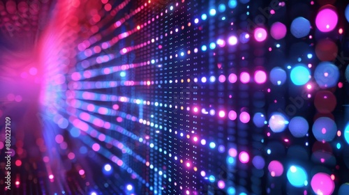 Dynamic digital LED background with a grid pattern in neon colors, featuring multicolored dots connected by pulsating lines © Fayrin