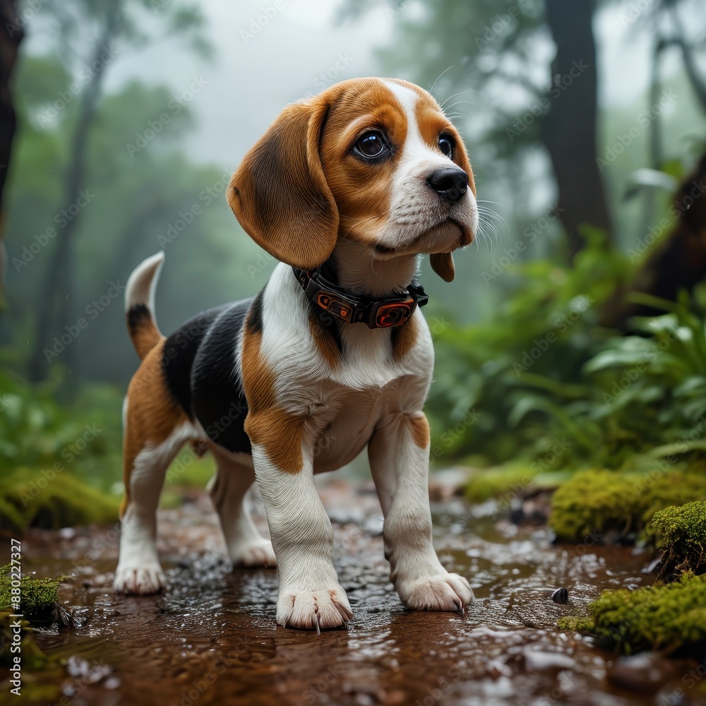 Beagle puppy standing in a creek. Beagle puppy standing in a creek.