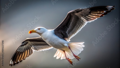 Dark outline of majestic great black-backed gull in mid-flight against a transparent background, showcasing its impressive wingspan and elegant form. photo