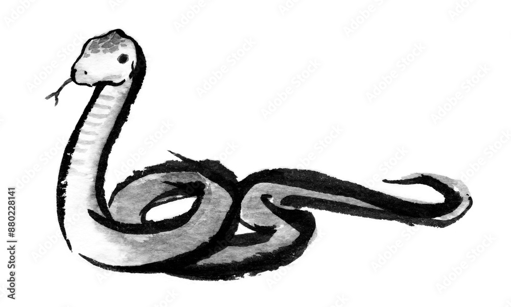 Fototapeta premium 蛇の水墨画、巳年の年賀状素材