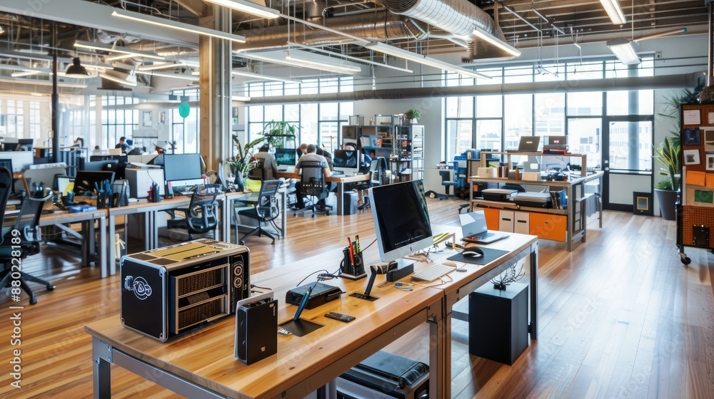 A tech startup office with an open floor plan, communal tables, and a variety of tech gadgets for employees to test and use A tech startup office with an open floor plan, communal tables, and a variety of tech gadgets for employees to test and use