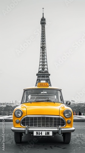 Stylish parisian taxi with eiffel tower, minimalistic design on white background
