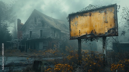 Abandoned House with Rusty Billboard in Foggy Landscape - Generative AI photo