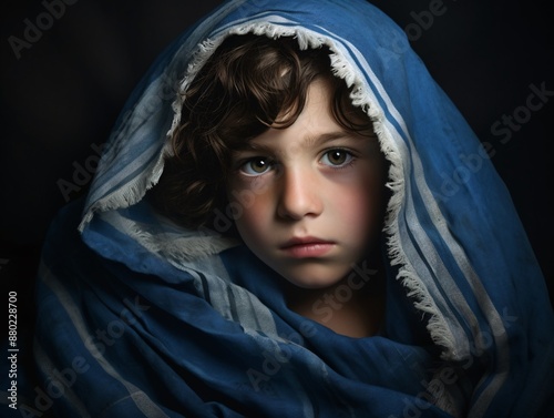 a child with a blue and white blanket