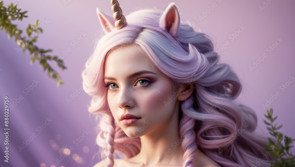A young woman with long, flowing pink and purple hair, a unicorn horn, and ears looks off to the side with a wistful expression A young woman with long, flowing pink and purple hair, a unicorn horn, and ears looks off to the side with a wistful expression