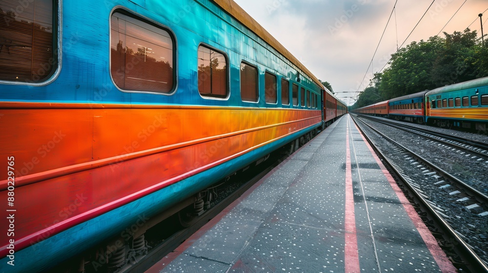 Obraz premium Vibrant indian train in minimalistic style passing through countryside on white background