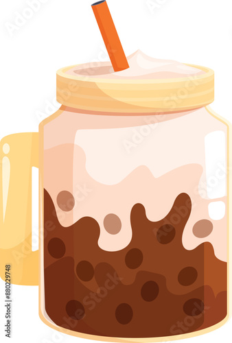 Refreshing and delicious bubble tea beverage is being served in a glass jar with a straw © nsit0108