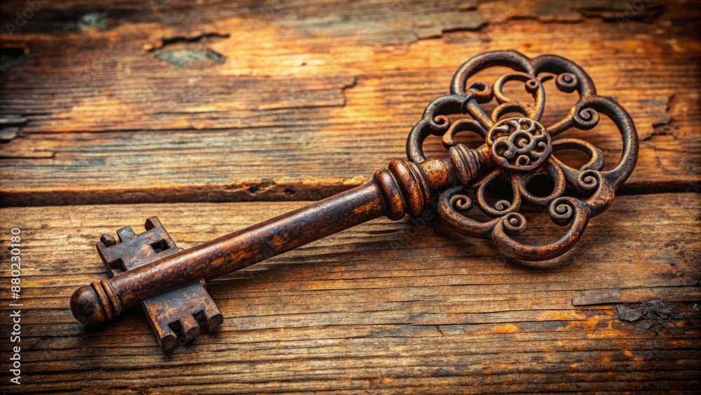 An antique rusty iron key with intricate details and flaws lies isolated on a muted, worn, wooden textured background. An antique rusty iron key with intricate details and flaws lies isolated on a muted, worn, wooden textured background.