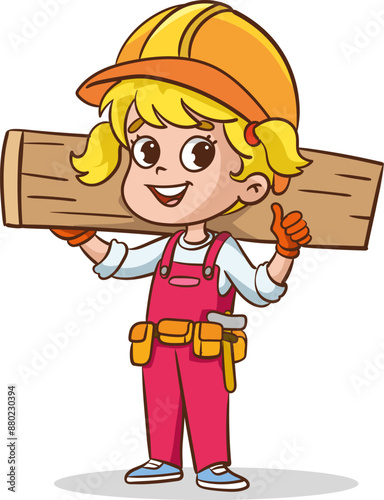 Children building house together, little builders with construction tools. Cartoon kids laying bricks, pushing wheelbarrow vector illustration. Construction worker with tools