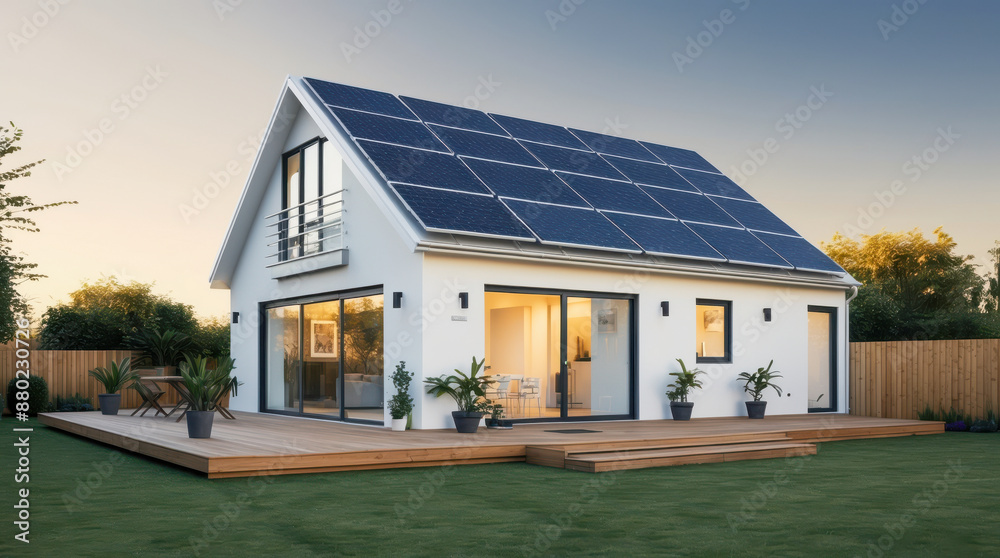 A modern white house with a large deck, illuminated by the setting sun, features solar panels on the roof, providing a sustainable and energy-efficient home A modern white house with a large deck, illuminated by the setting sun, features solar panels on the roof, providing a sustainable and energy-efficient home