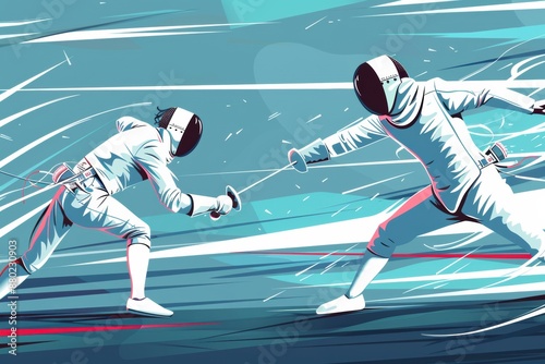 A professional fencer engaged in a duel, both in full gear
