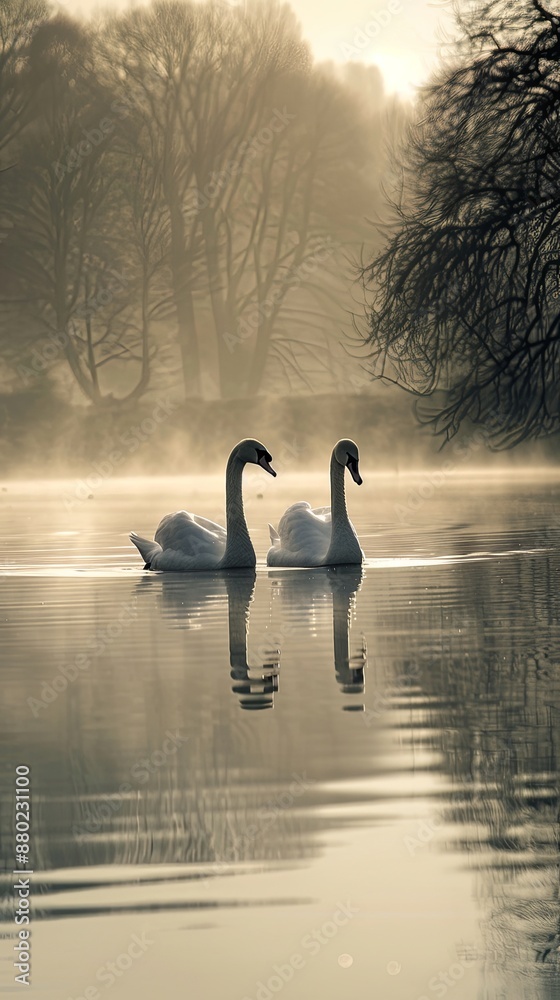 Fototapeta premium Two swans creating a heart shape with their necks on a tranquil, misty lake, surrounded by a faintly visible forest.